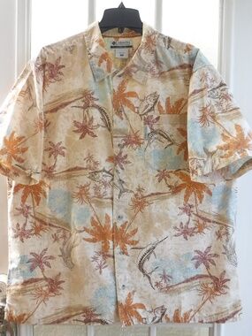 Columbia Fishes&Tropical Trees Pattern Button Down Short Sleeve Shirt